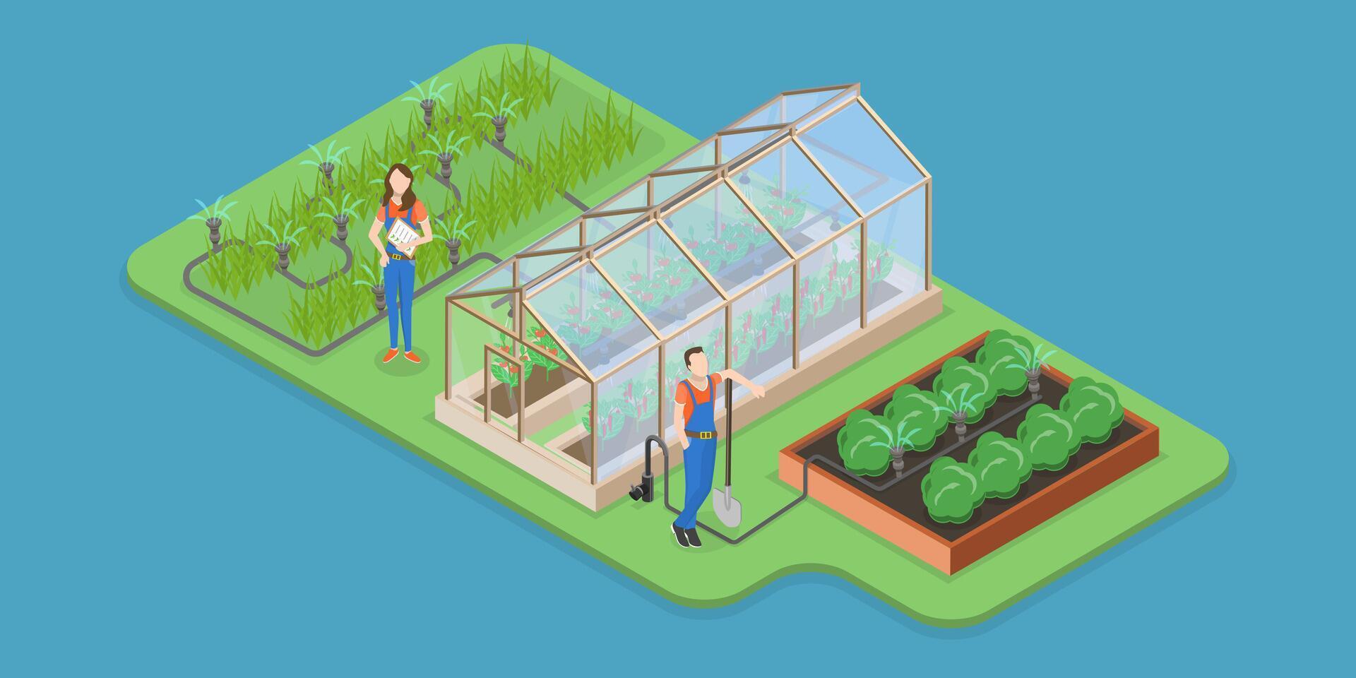 3D Isometric Flat Conceptual Illustration of Drip Irrigation System, Automatic Watering vector