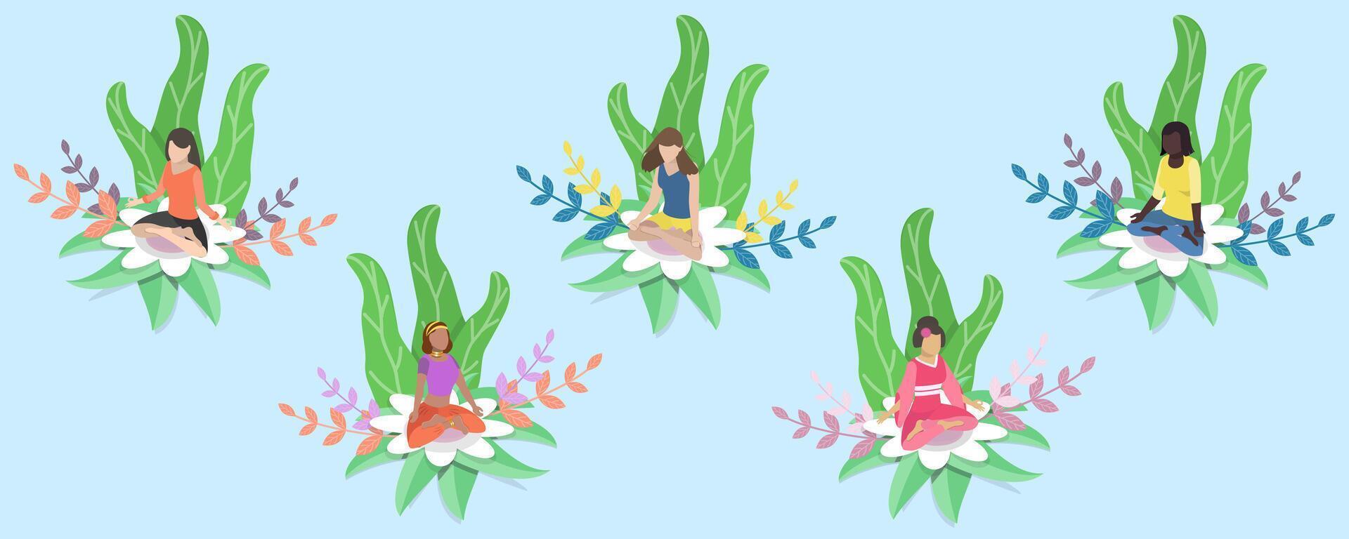 3D Isometric Flat Conceptual Illustration of Wellbeing, Meditation Practice vector