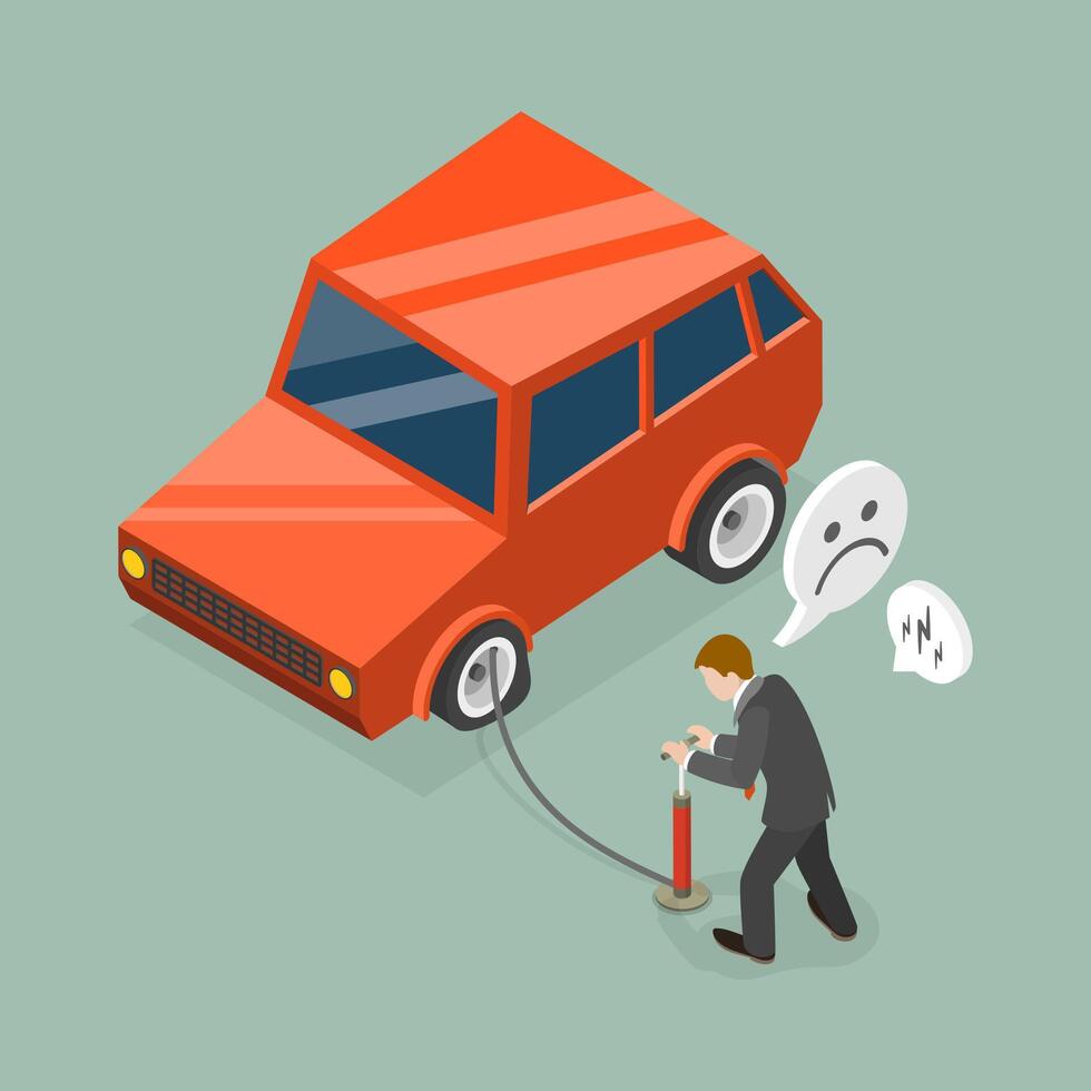 3D Isometric Flat Conceptual Illustration of Tire Inflating, Accident on the Road vector