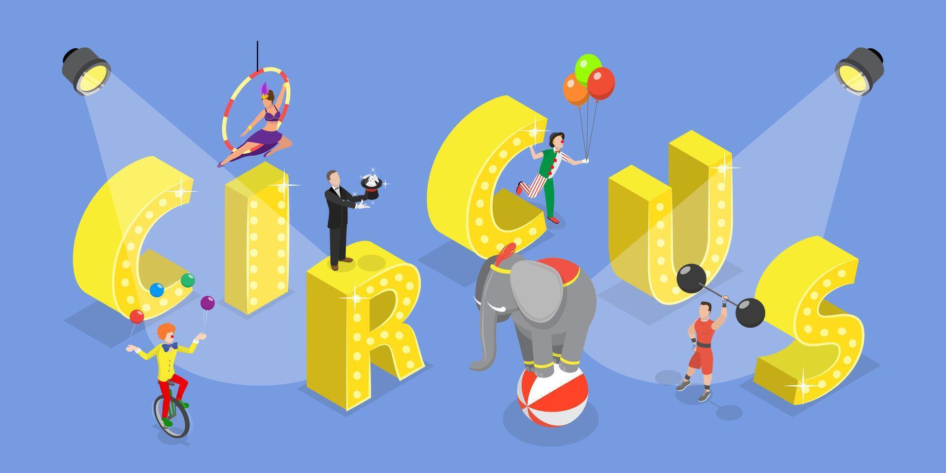 3D Isometric Flat Set of Circus, Entertainment with Wild Animals and Acrobat Performing vector