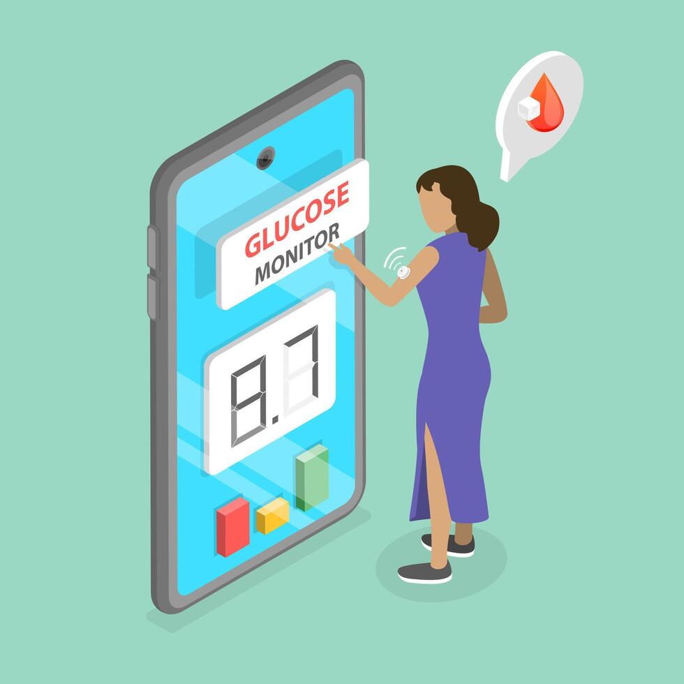 3D Isometric Flat Conceptual Illustration of Glucose Sensor Conveniently Monitor , Measurement of Blood Glucose Level vector
