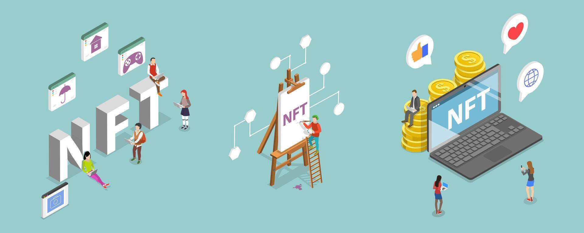 3D Isometric Flat Conceptual Illustration of NFT, Non-fungible Token vector