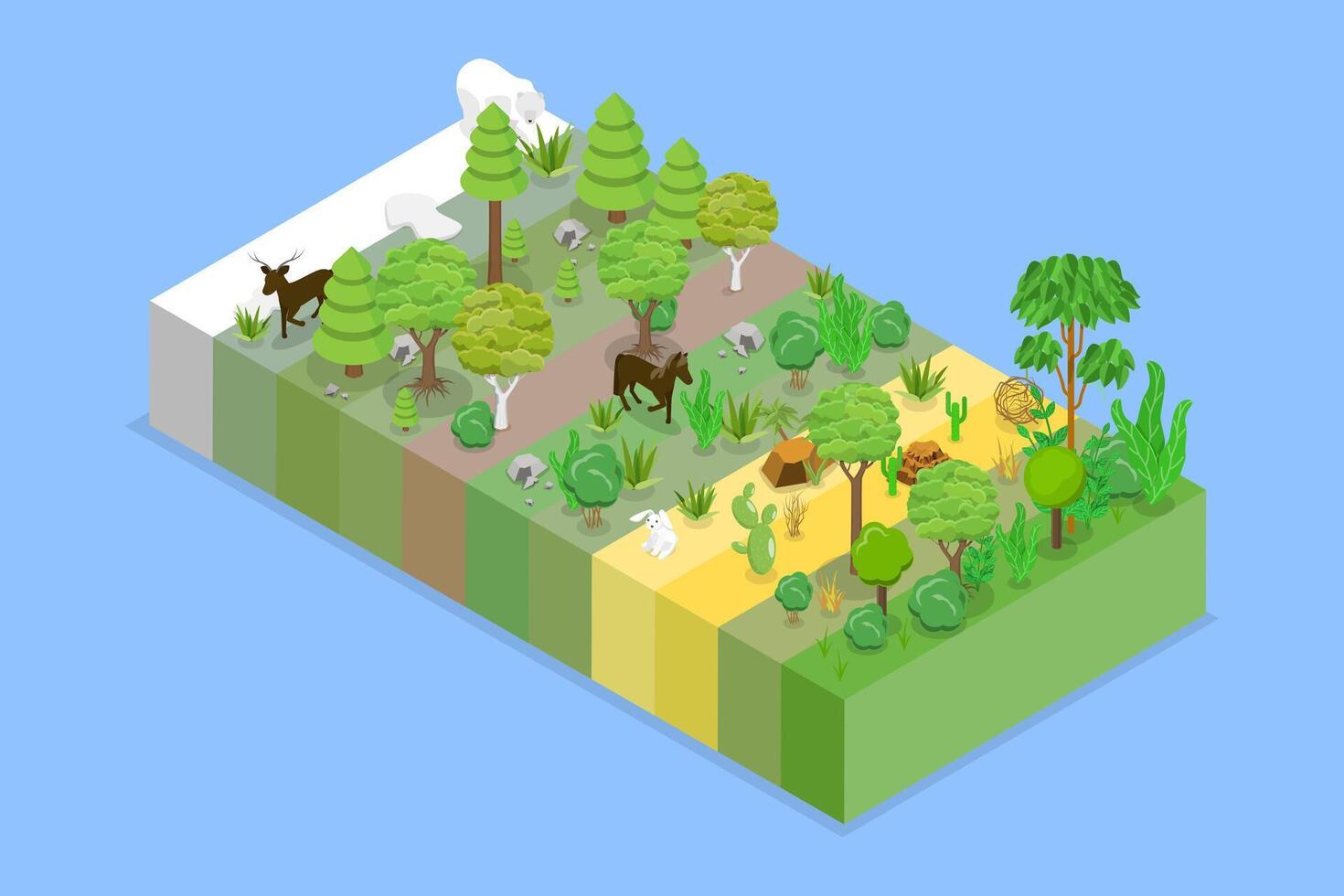 3D Isometric Flat Conceptual Illustration of Distribution Of Life On Land, Geographical Wildlife Biodiversity vector