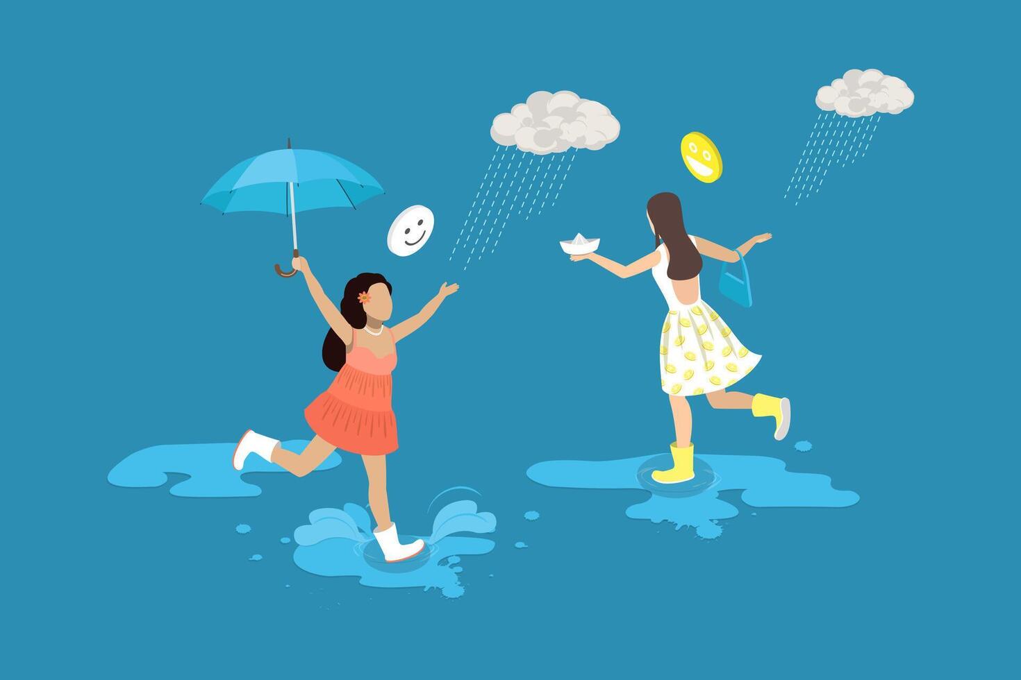 3D Isometric Flat Conceptual Illustration of Embracing Happiness, Walking by Puddles vector