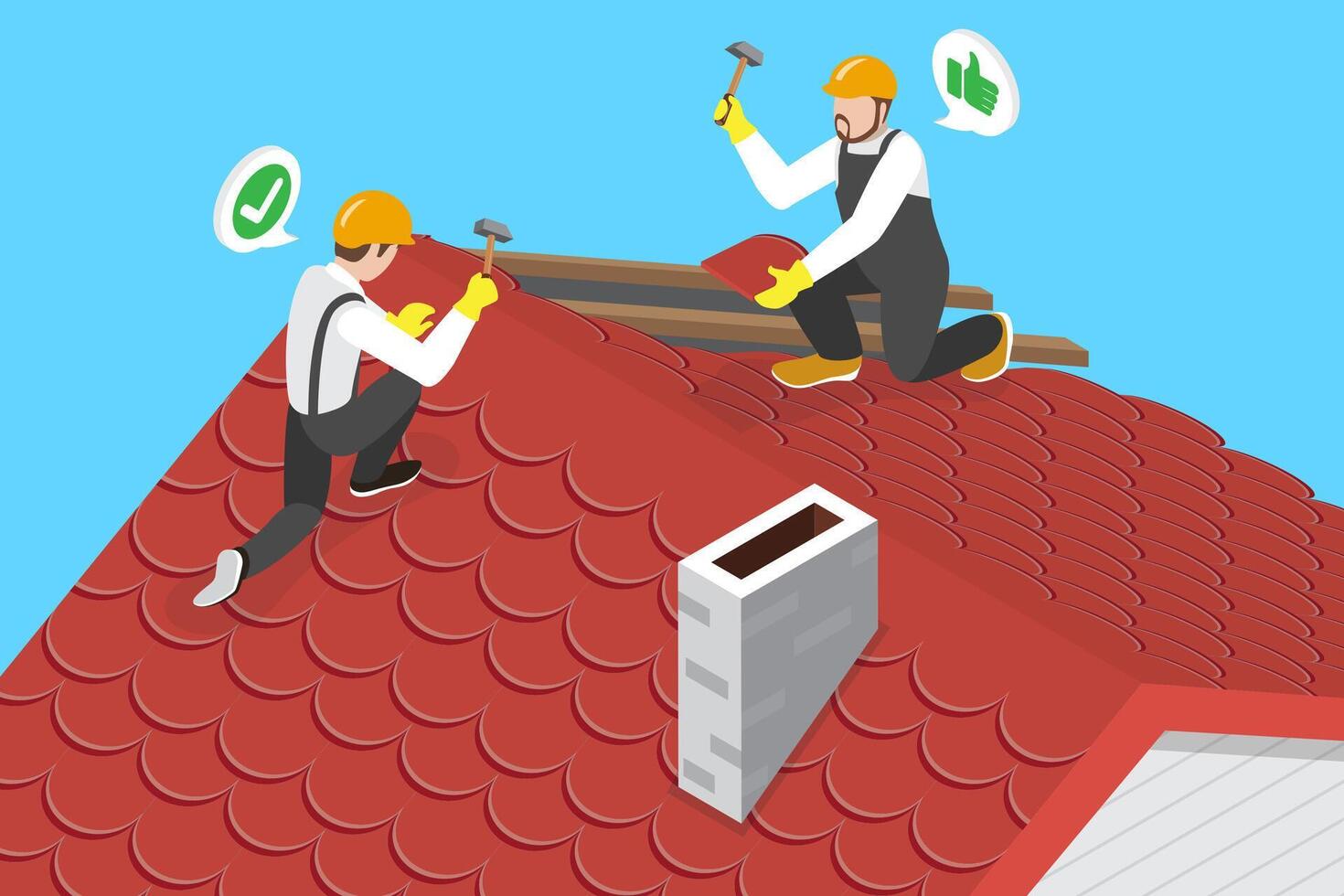 3D Isometric Flat Conceptual Illustration of Roofers, Roof Maintenance Team Service vector