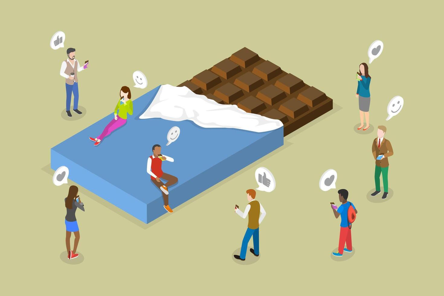 3D Isometric Flat Conceptual Illustration of Choclate Enjoying, Happiness Hormone Production vector