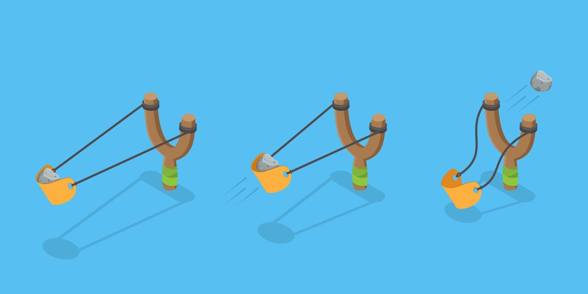 3D Isometric Flat Set of Slingshot Animation Shots, Wooden Handle and Rubber Band vector