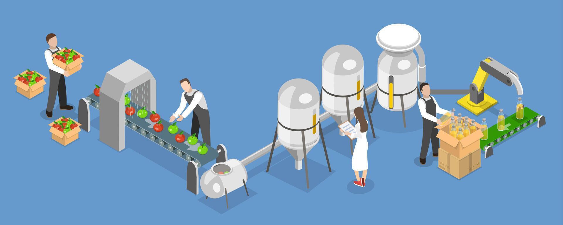 3D Isometric Flat Conceptual Illustration of Juice Factory, Manufacture Process vector
