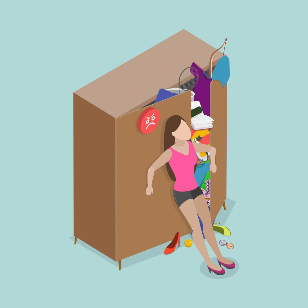 3D Isometric Flat Conceptual Illustration of Bursting Wardrobe, Mess and Clutter in Closet vector