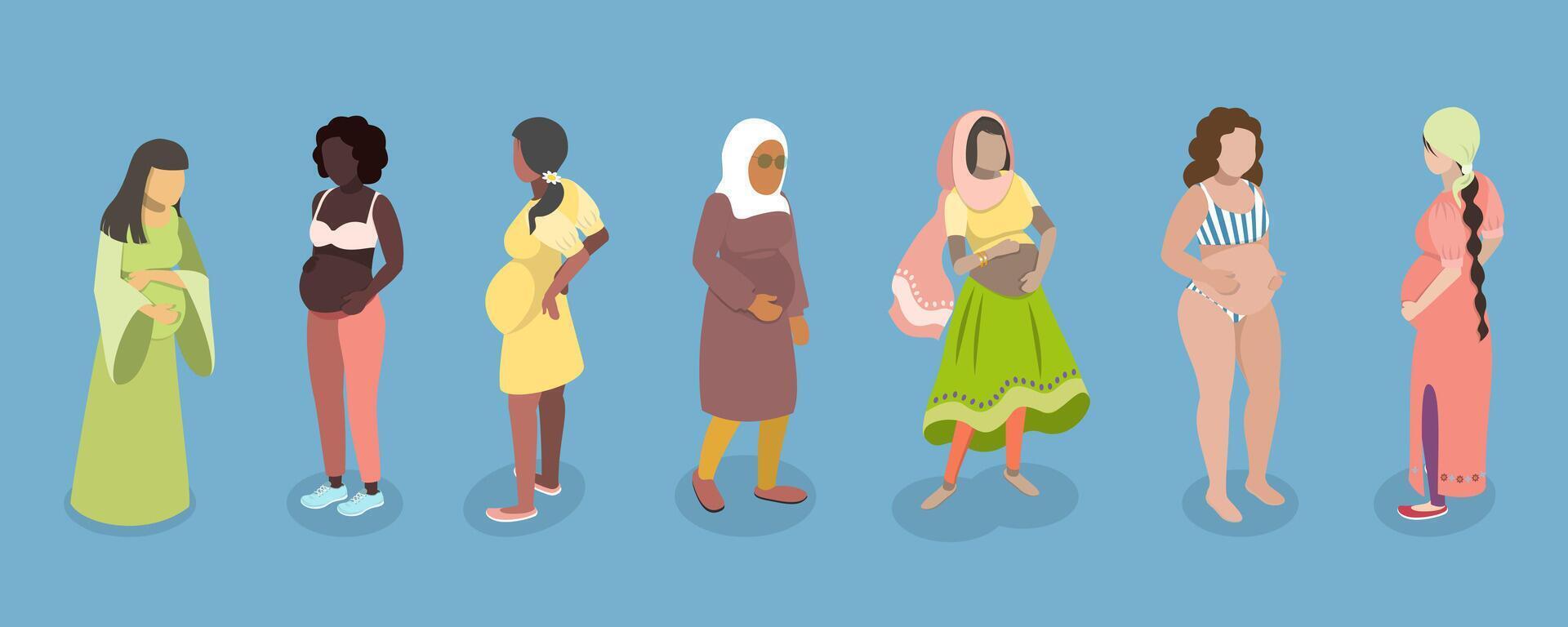 3D Isometric Flat Set of Different Ethnicity And Pregnancy, Maternity and Motherhood vector