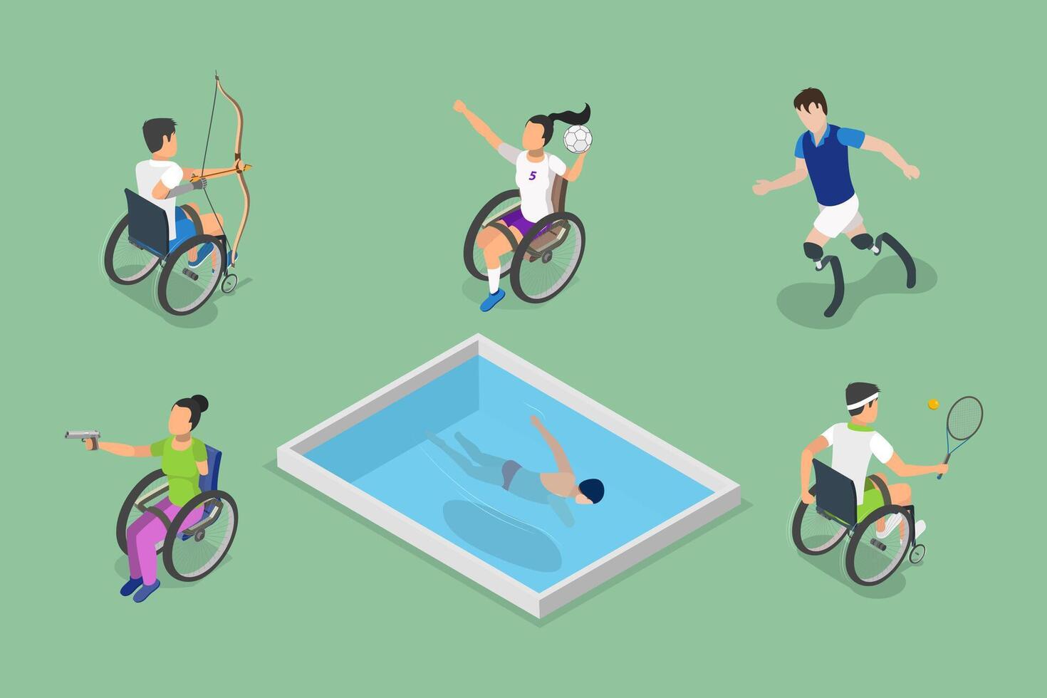 3D Isometric Flat Set of Disabled Sportsmen, Athletes with Physical Disabilities vector