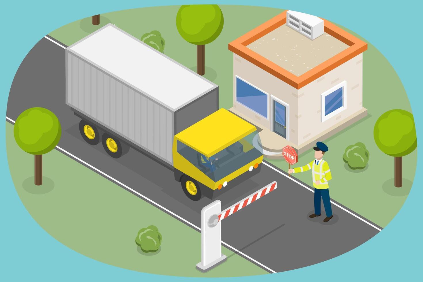 3D Isometric Flat Conceptual Illustration of Security Check Of Car , Entry Through the Checkpoint vector