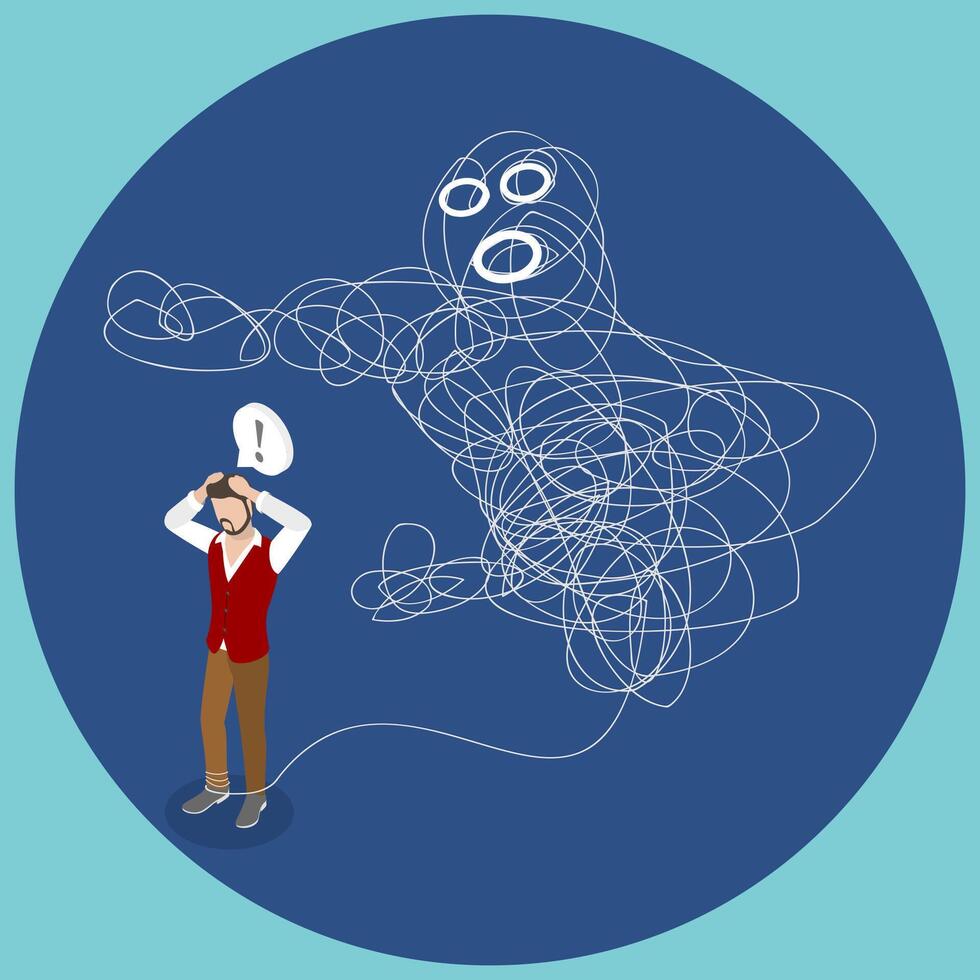 3D Isometric Flat Conceptual Illustration of Anxiety, Mxed Feelings and Thoughts vector