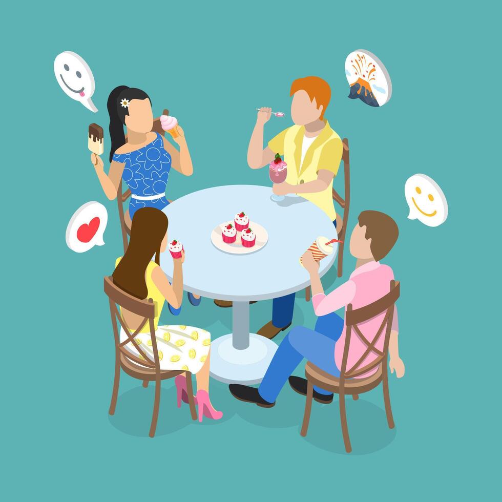 3D Isometric Flat Conceptual Illustration of Eating Desserts, Enjoing Sweet Foods vector