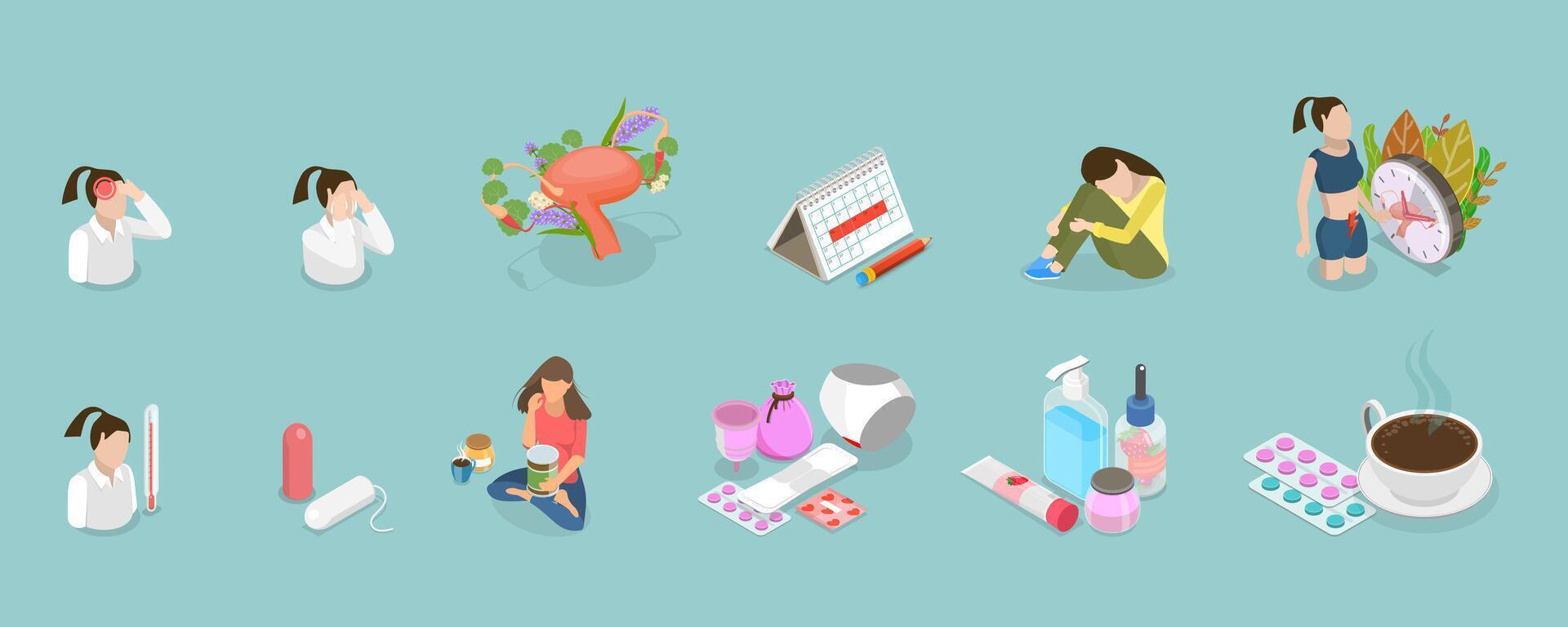 3D Isometric Flat Conceptual Illustration of Menstruation, Feminine Hygiene Products vector