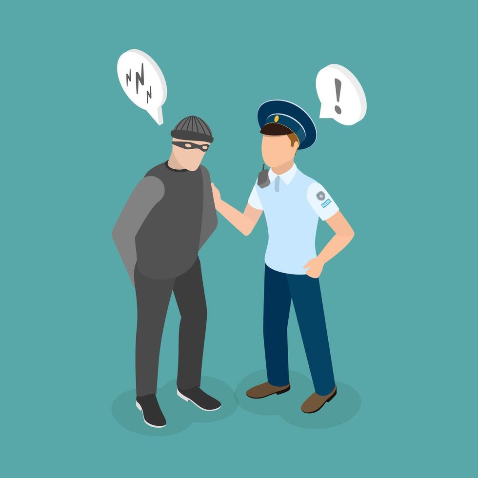 3D Isometric Flat Conceptual Illustration of Security Guard, Police Officer Caught a Robber vector
