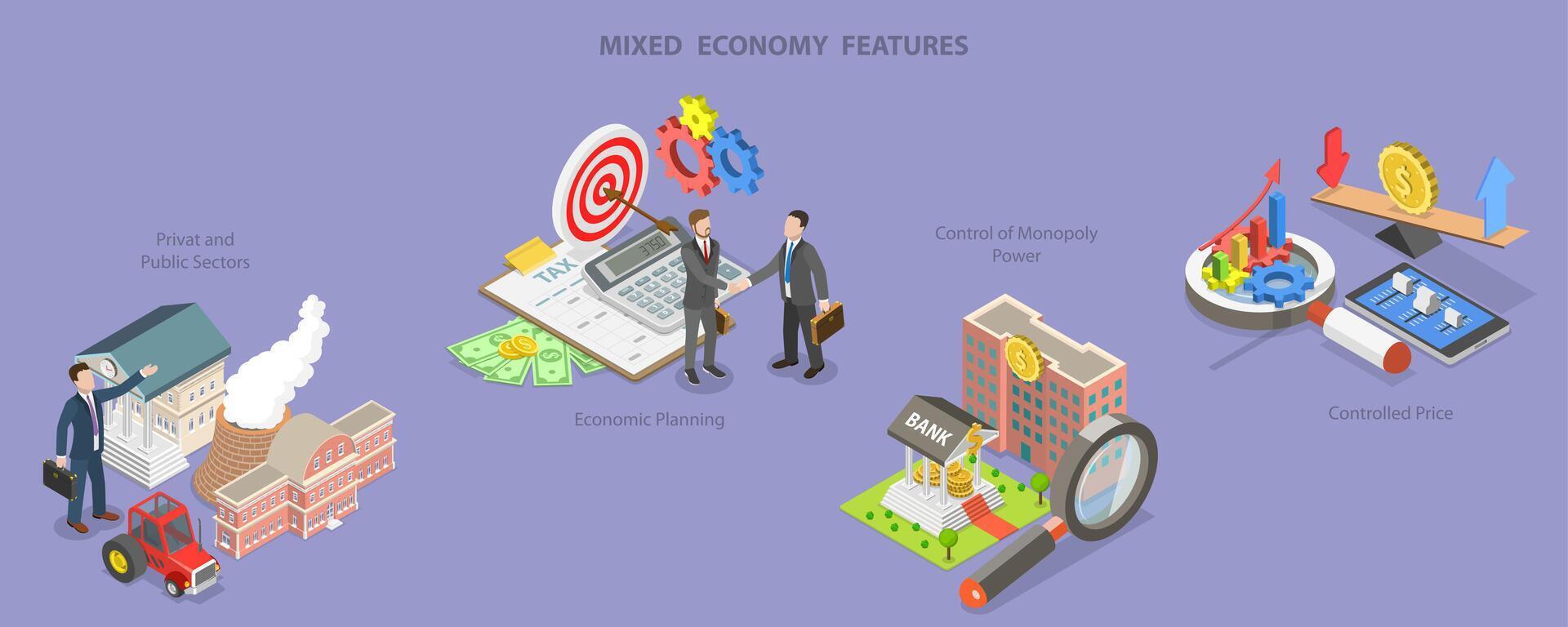 3D Isometric Flat Conceptual Illustration of Mixed Economy Features, Public and Private Sectors vector