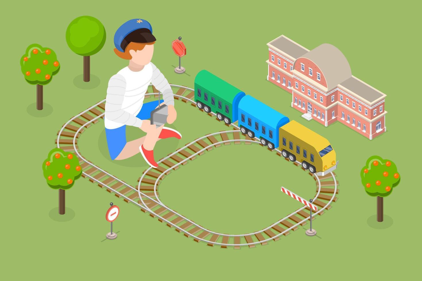 3D Isometric Flat Conceptual Illustration of Playing With Toy Railway Road, Children Transport Game vector