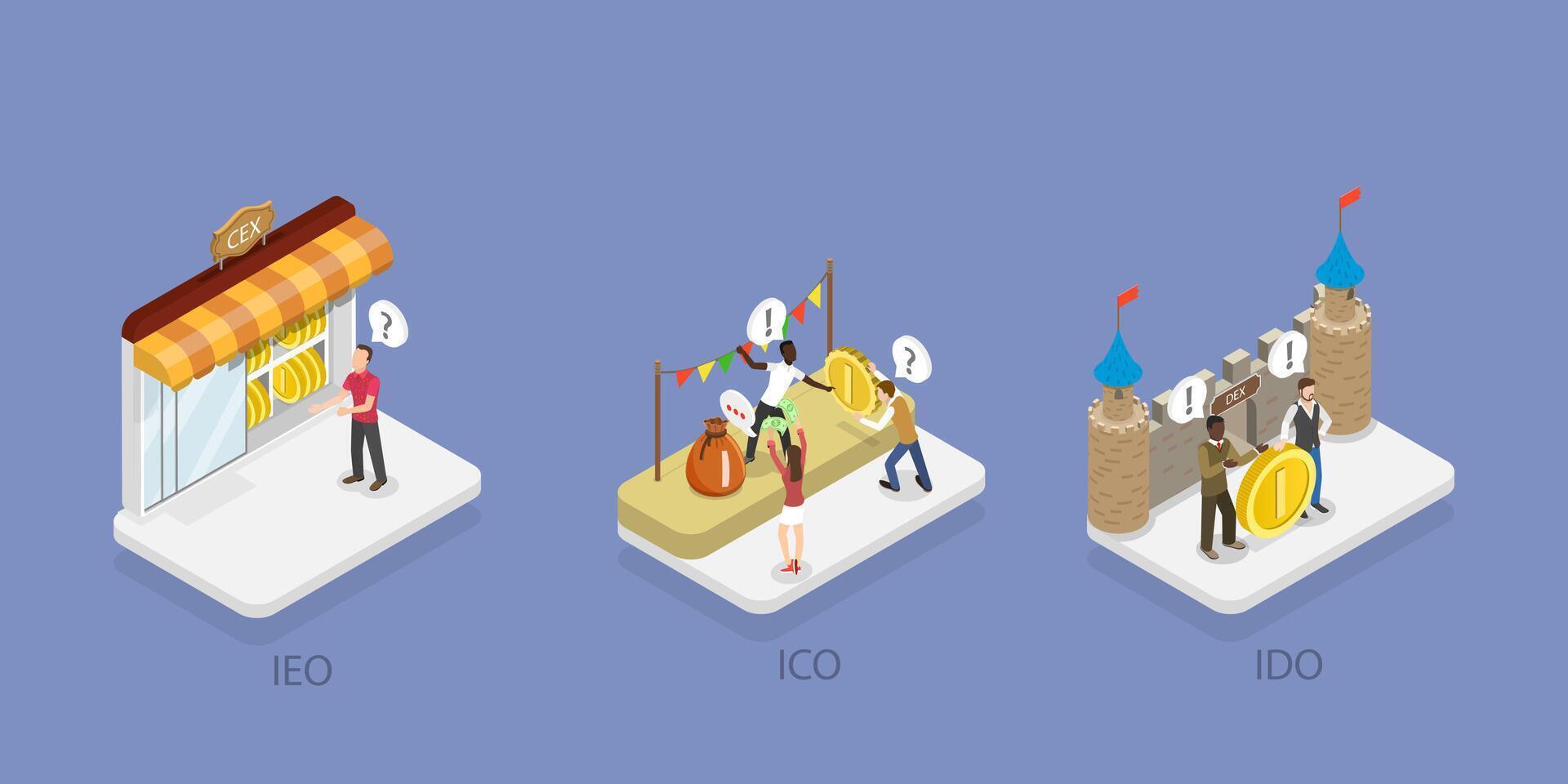 3D Isometric Flat Conceptual Illustration of Investment in ICO, IEO and IDO, Investing at Initial Stage vector