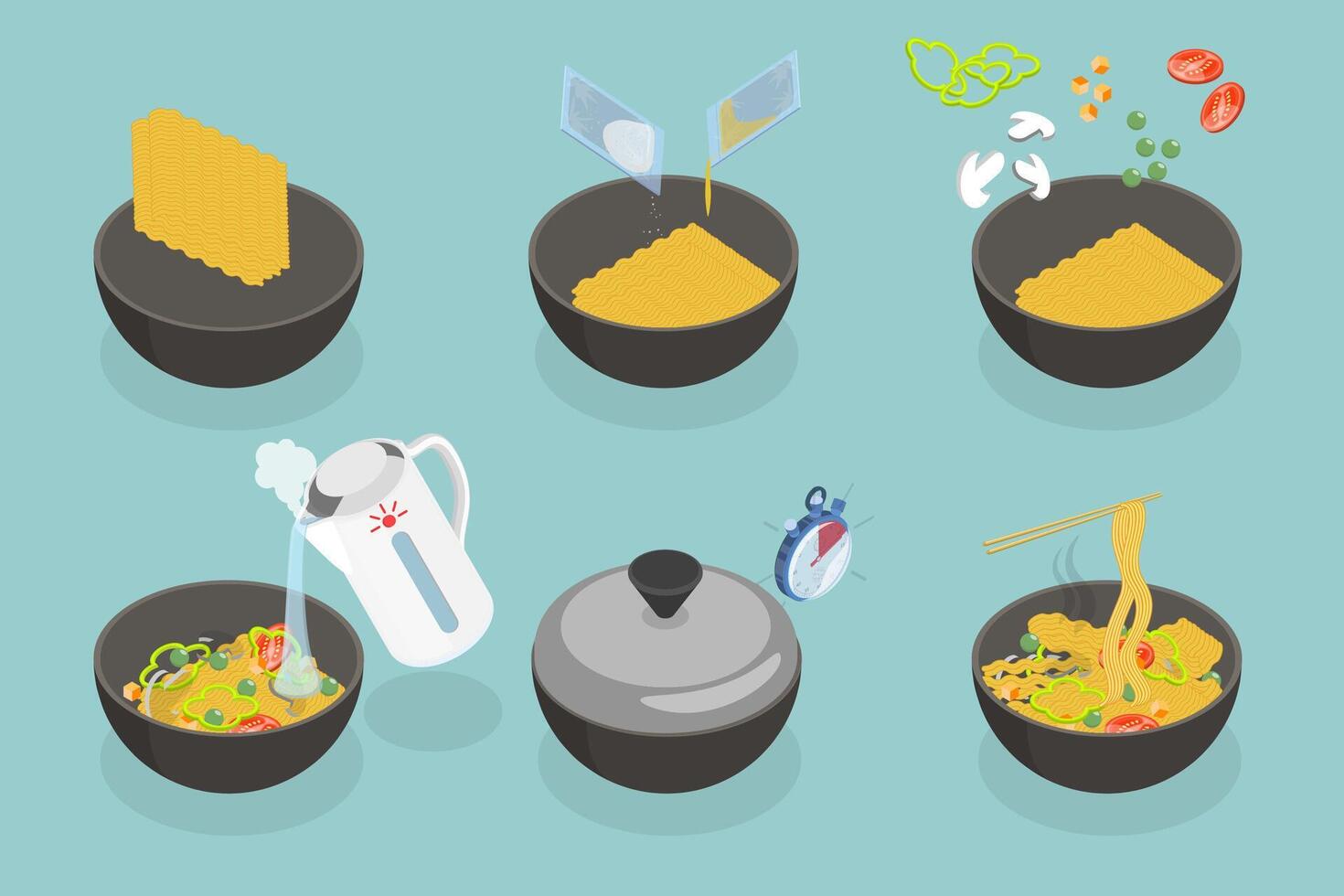 3D Isometric Flat Conceptual Illustration of Noodle Recipe, How to Make Pasta vector