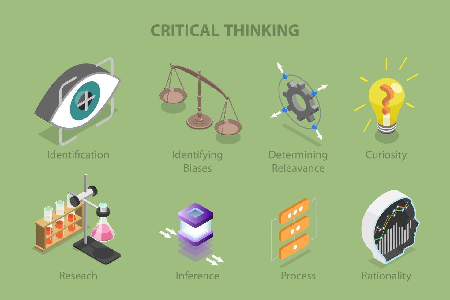 3D Isometric Flat Conceptual Illustration of Critical Thinking, Rationality and Critical Judgment vector