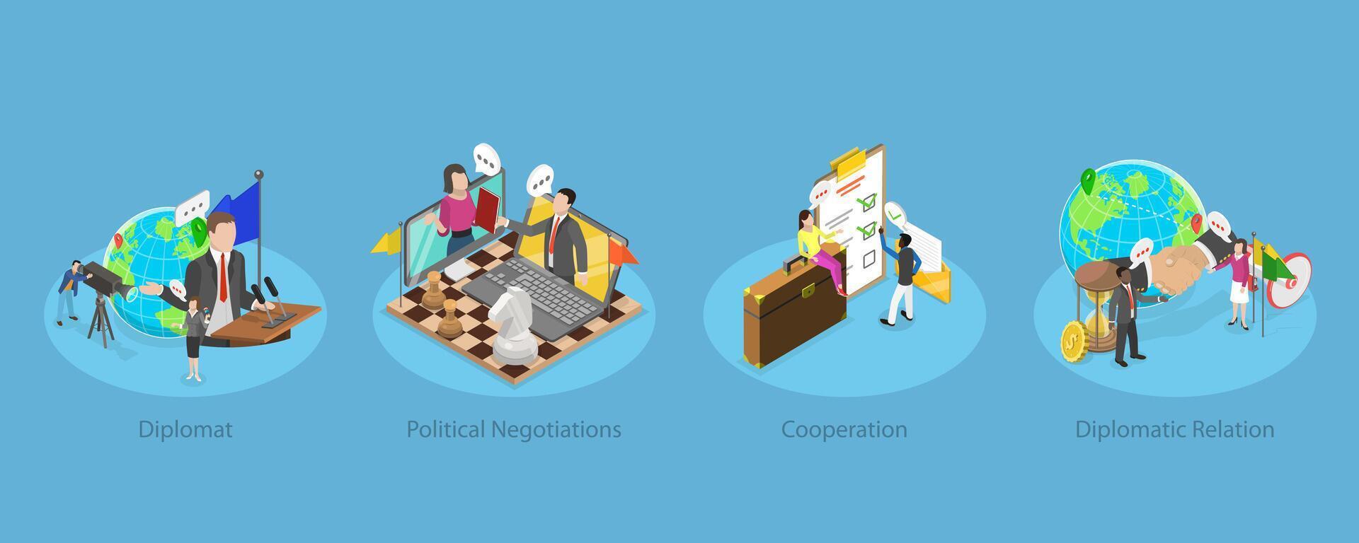 3D Isometric Flat Conceptual Illustration of Diplomat Profession, Negotiation and Confflict Solution vector