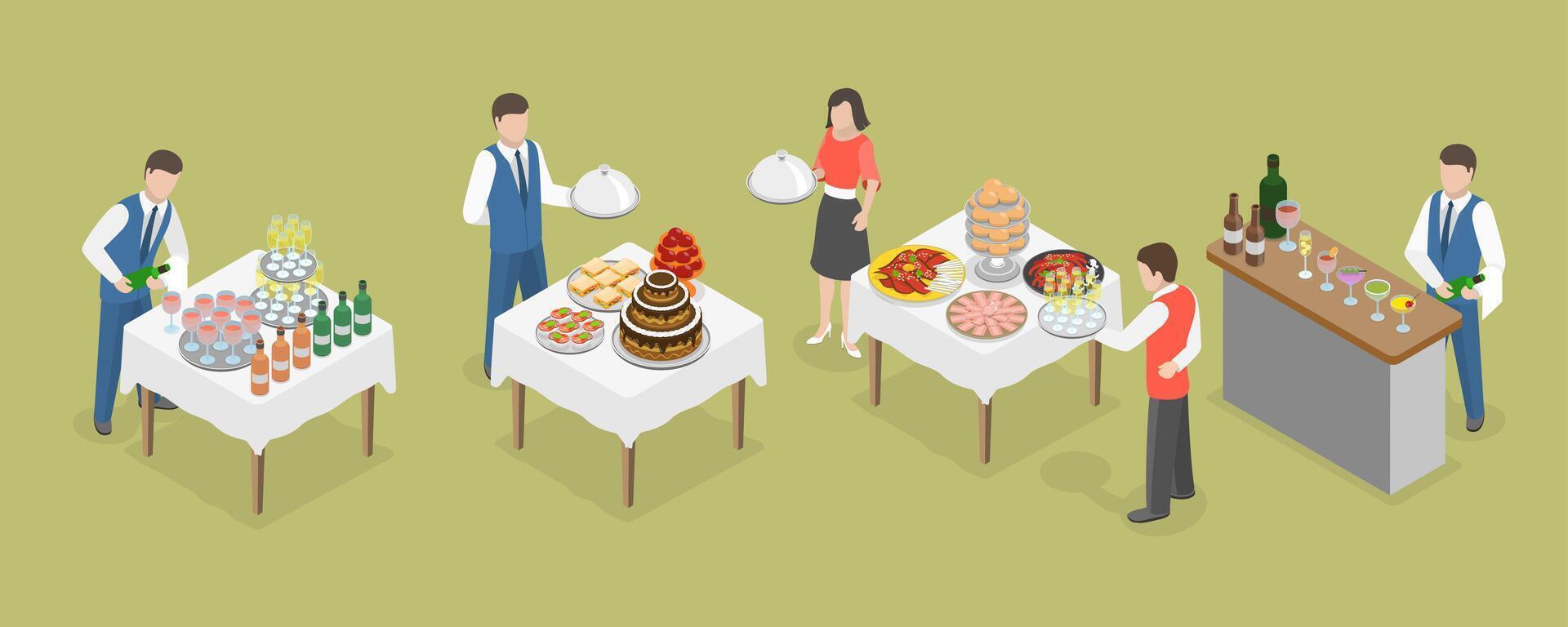 3D Isometric Flat Set of Catering Services, Serving Foods on Outdoor Events vector