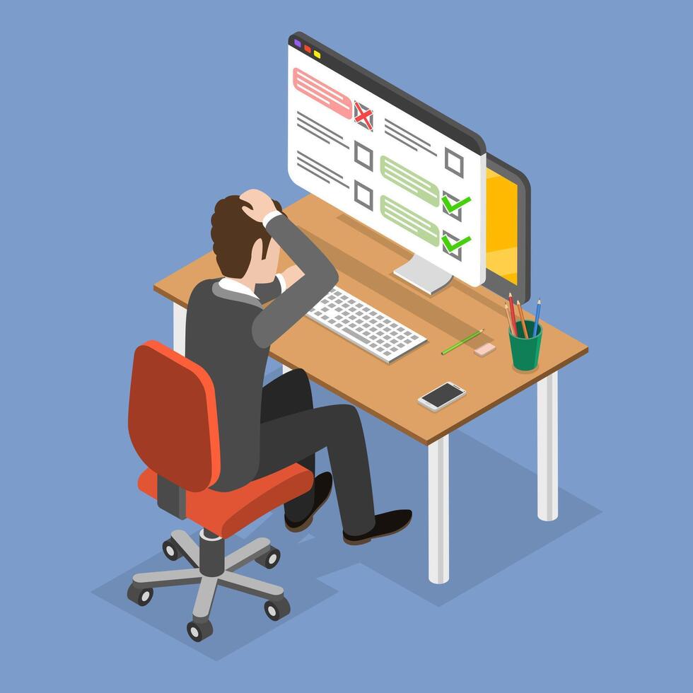 3D Isometric Flat Conceptual Illustration of Online Exam Mistake, Wrong Answer vector
