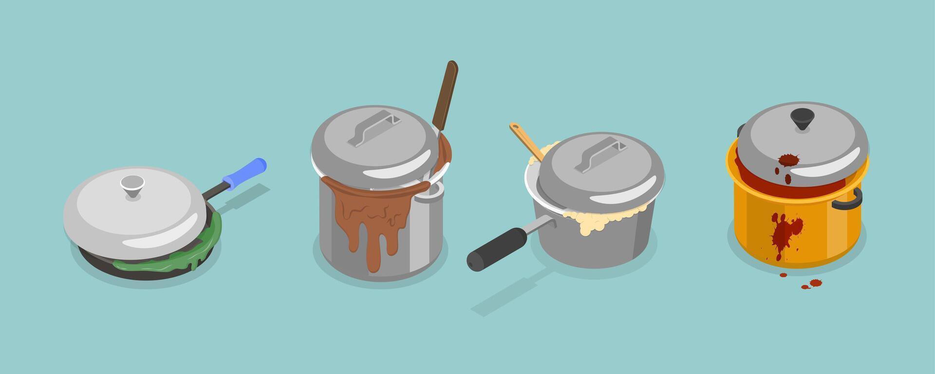 3D Isometric Flat Set of Dirty Pots, Kitchen Messy Stacks of Utensil vector