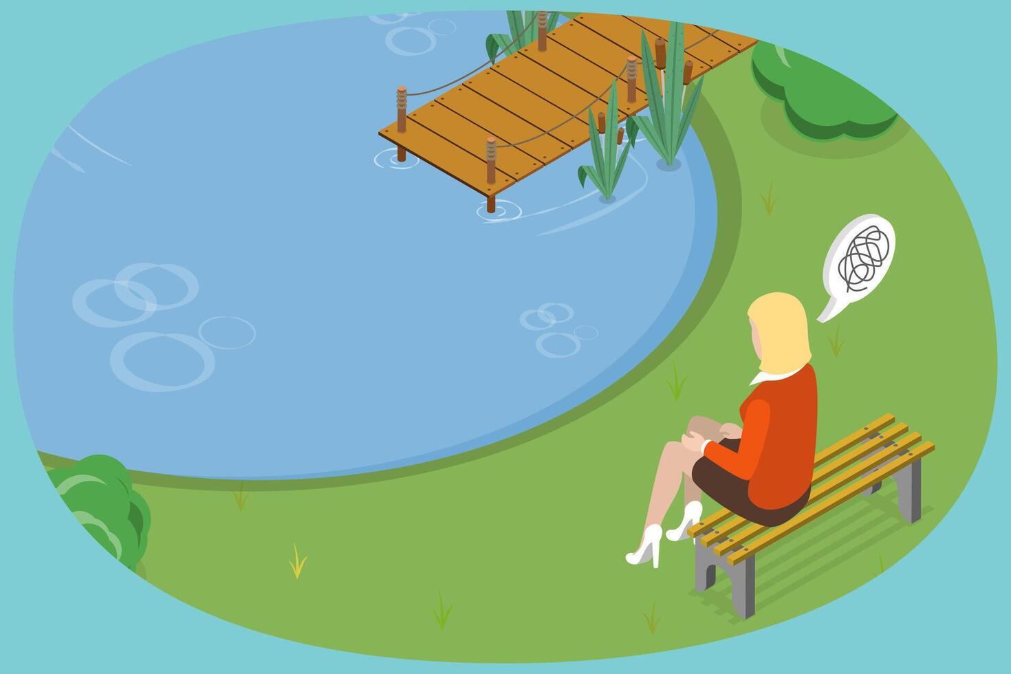 3D Isometric Flat Conceptual Illustration of Bench Thinking, Lonely Person vector