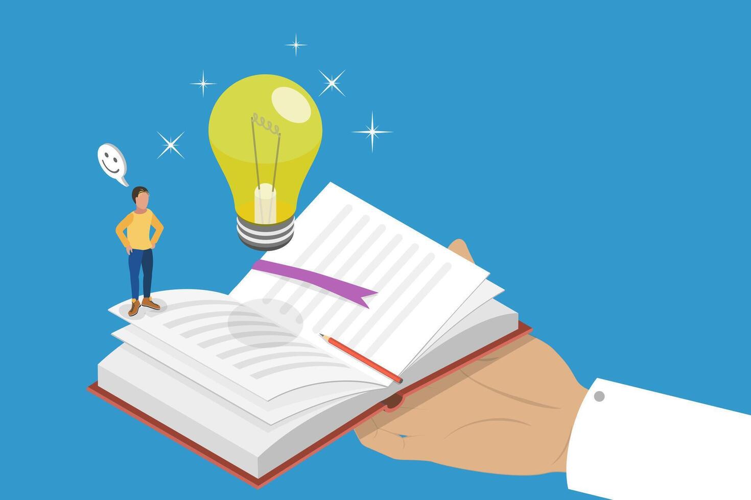 3D Isometric Flat Conceptual Illustration of Reading Book For Inspiration, Imagination and Knowledge vector
