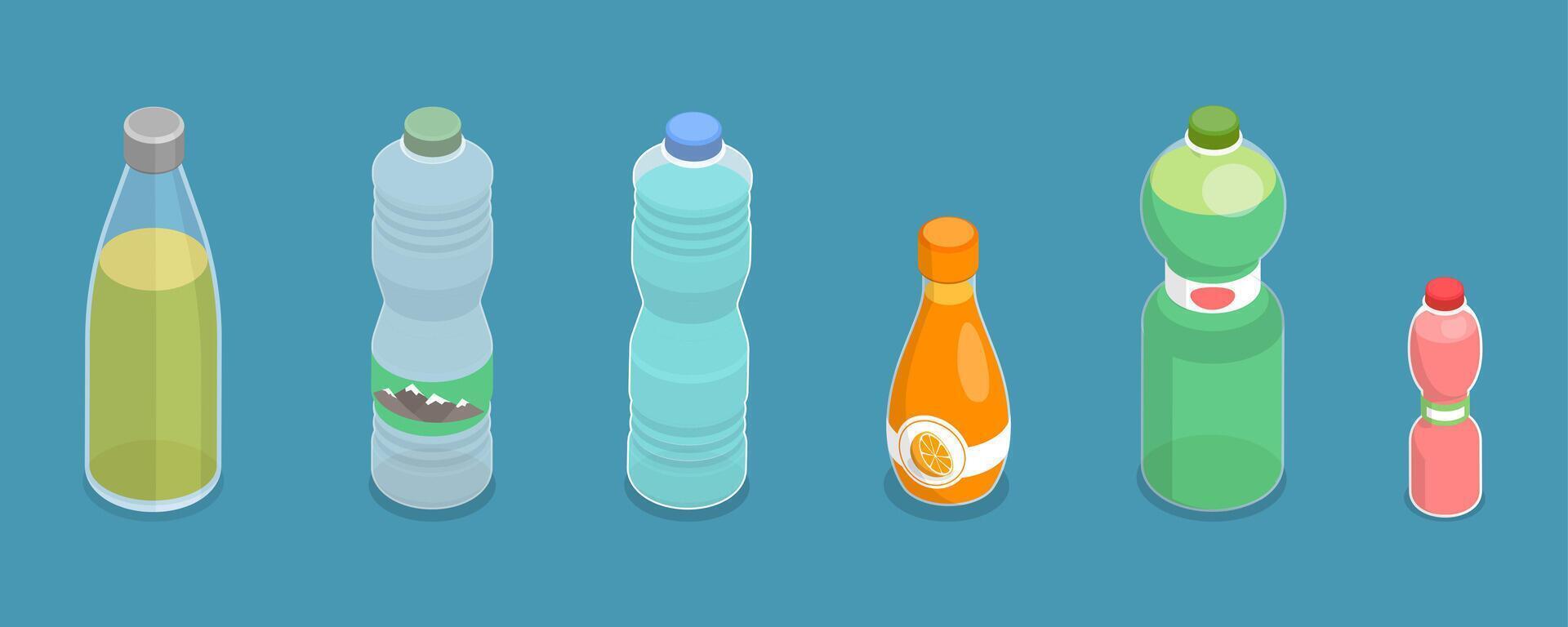 3D Isometric Flat Set of Bottles Of Different Fizzy Drinks, Cold Beverages vector