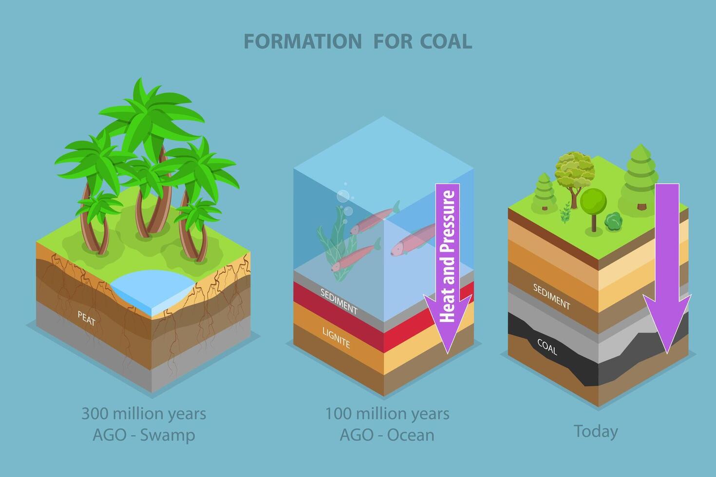3D Isometric Flat Conceptual Illustration of Coal Formation, Educational Diagram vector
