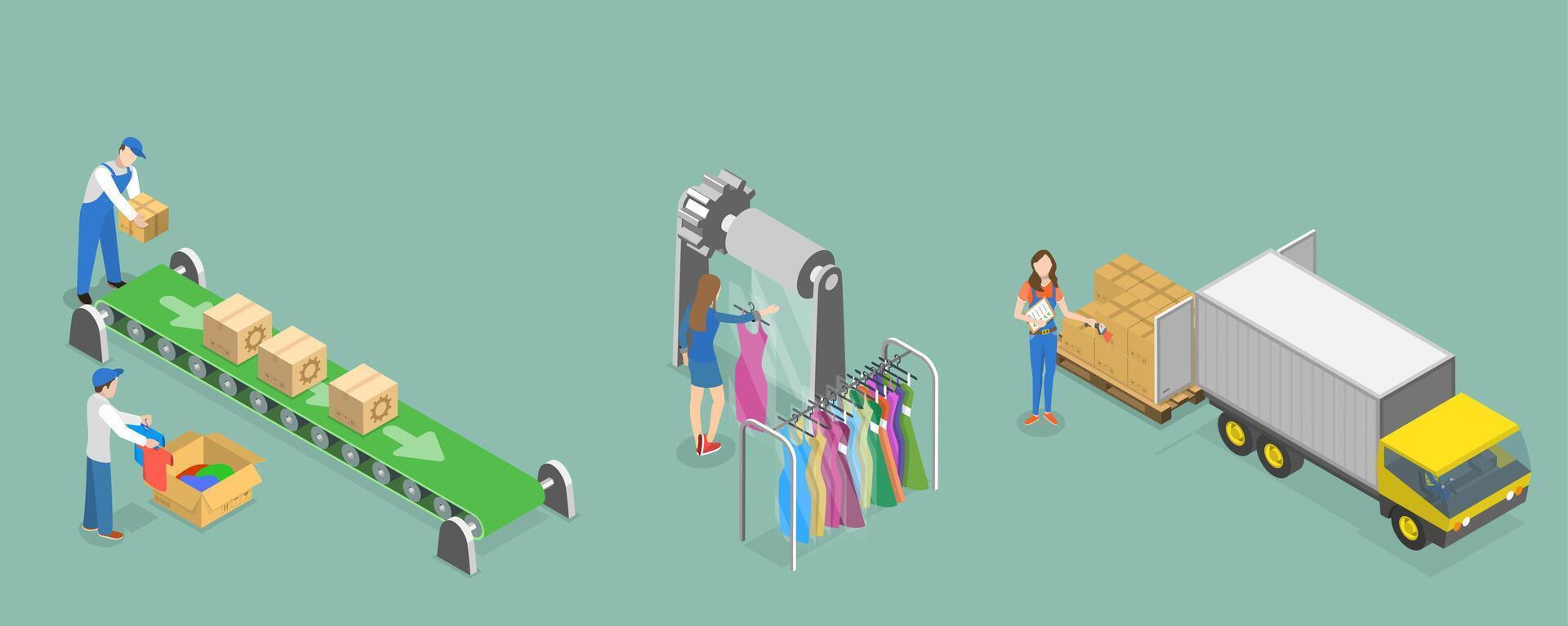 3D Isometric Flat Conceptual Illustration of Apparel Manufacturing, Clothes Factory vector