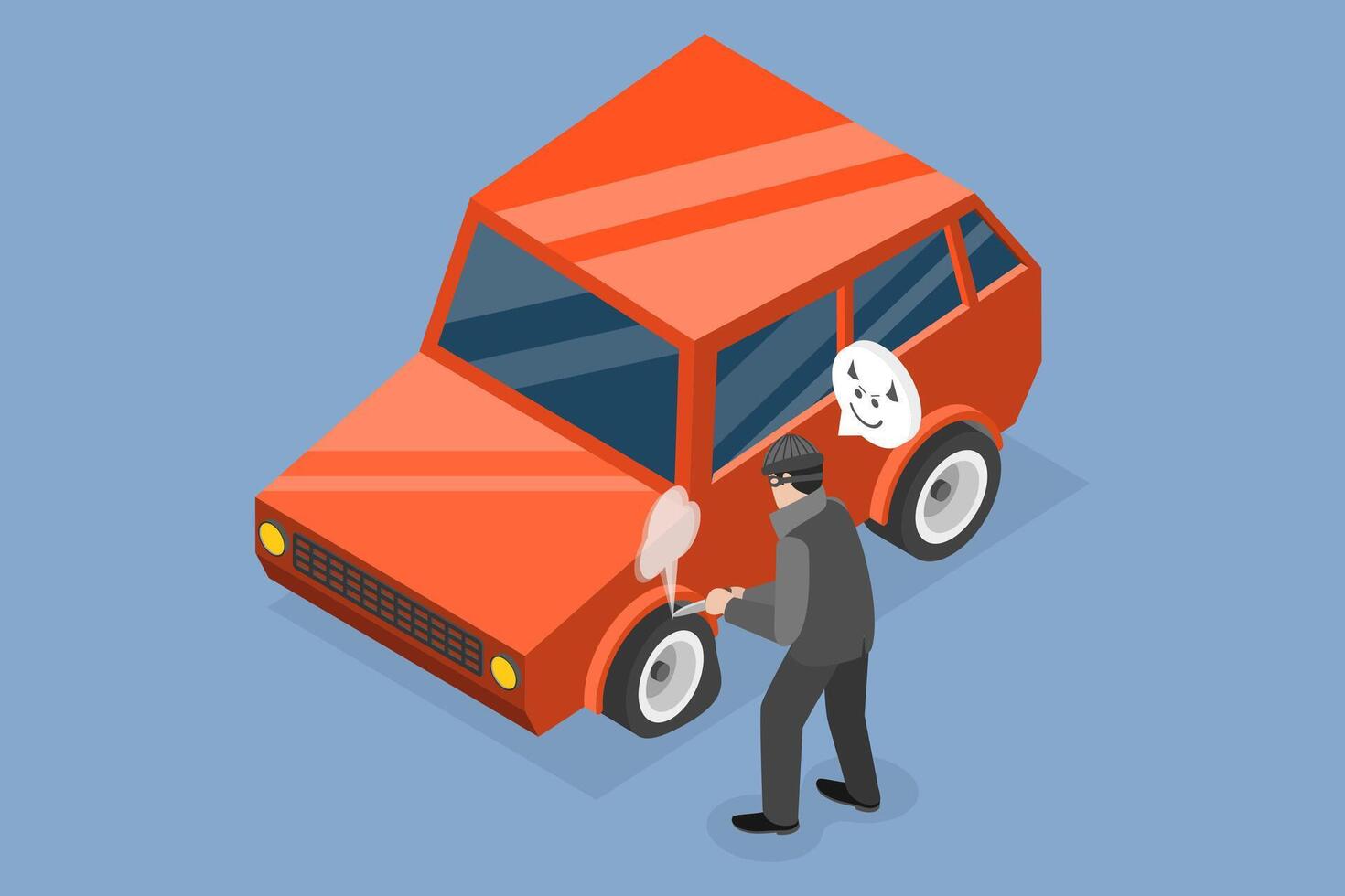 3D Isometric Flat Conceptual Illustration of Malicious Car Damage, Vandalism and Aggression vector
