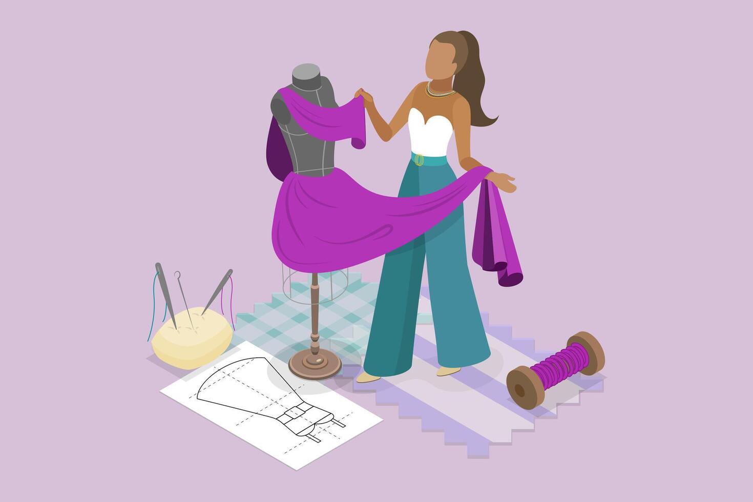 3D Isometric Flat Conceptual Illustration of Fashion Designer, Manufacture of Handmade Clothes vector