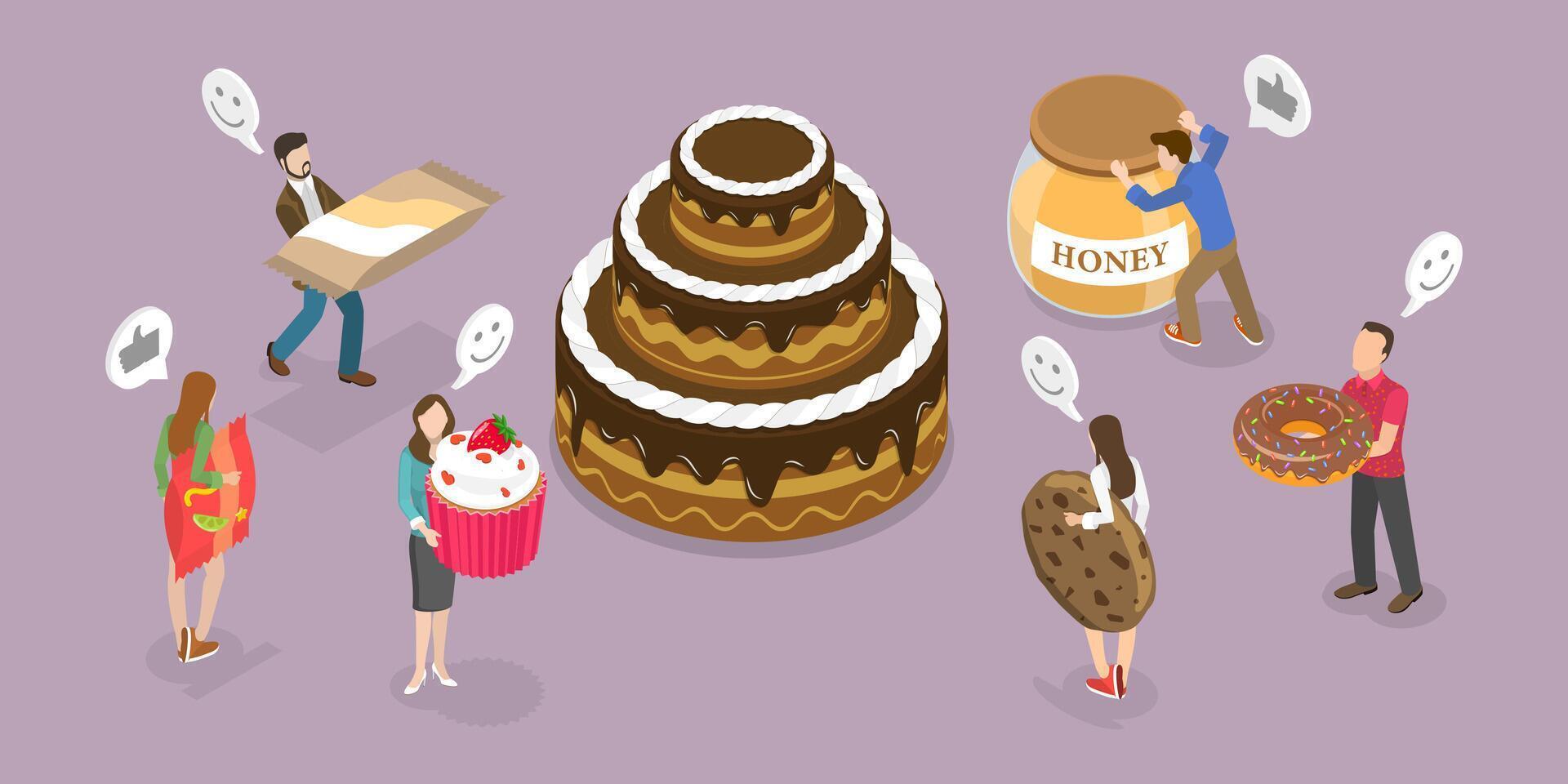 3D Isometric Flat Conceptual Illustration of Sweet Snacks, Enjoying Fresh Confectionery vector