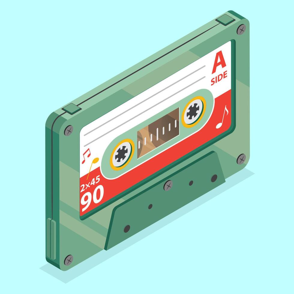 3D Isometric Flat Icon of Audio Cassette, Retro Music Tape vector