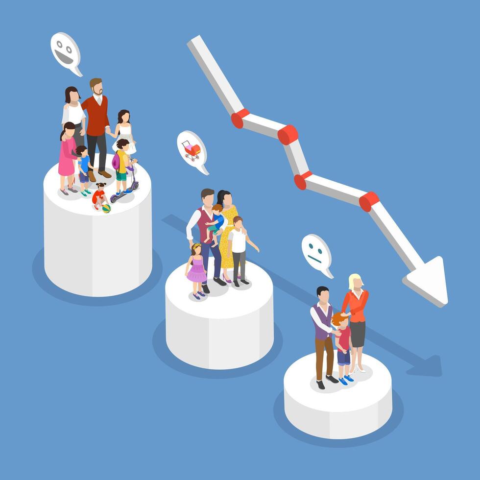 3D Isometric Flat Conceptual Illustration of Demographic Decline, Population Crisis vector