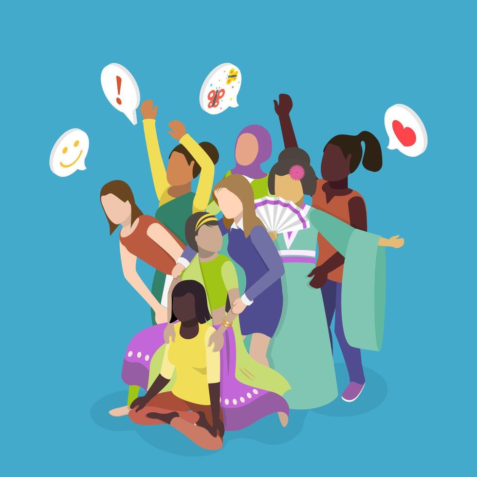 3D Isometric Flat Conceptual Illustration of Multicultural Friendship, Diverse Various People vector