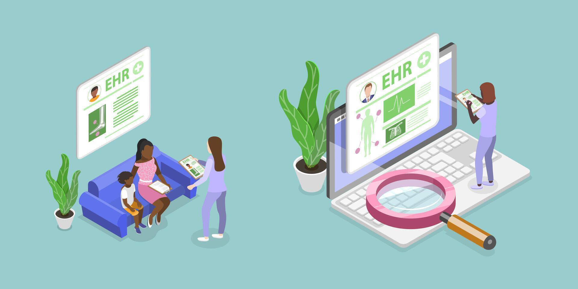 3D Isometric Flat Conceptual Illustration of Electronic Health Record, EHR vector