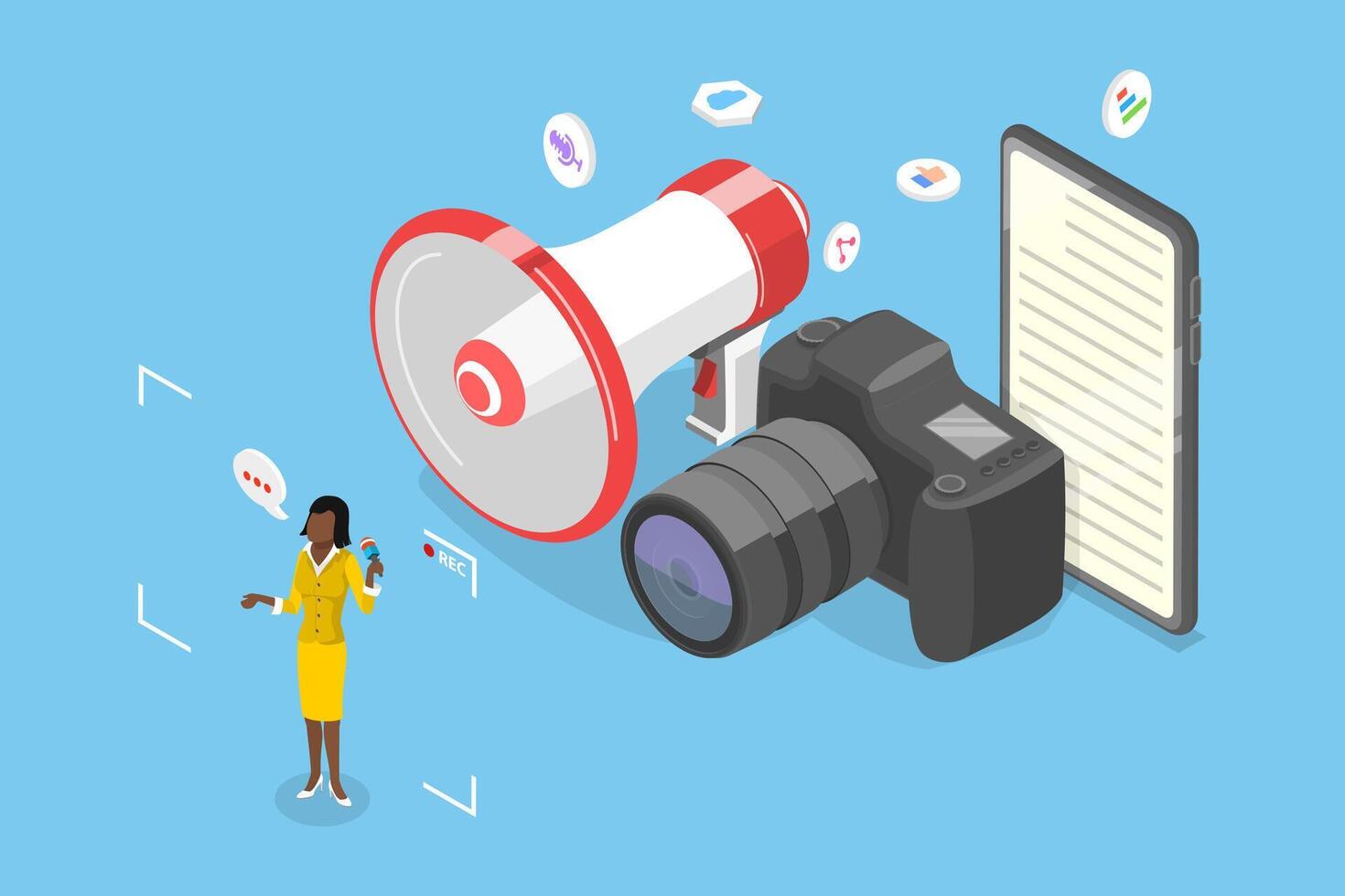 3D Isometric Flat Conceptual Illustration of Journalism, TV, Internet and Radio Journalist vector