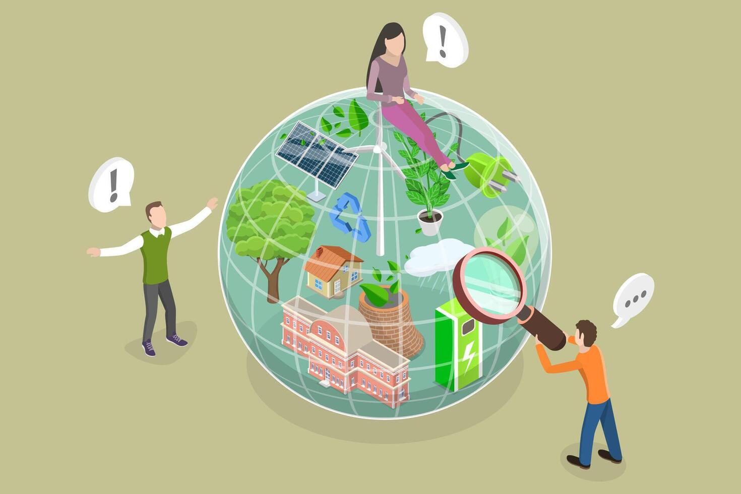 3D Isometric Flat Conceptual Illustration of CO2 Free Power Production, Renewable Resources Consumption vector