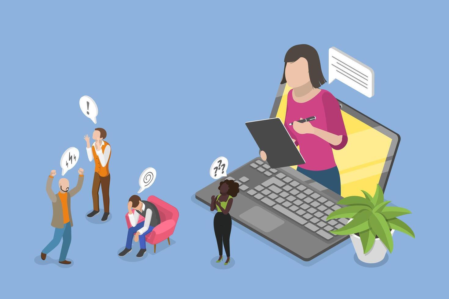 3D Isometric Flat Conceptual Illustration of Online Psychotherapy Consultation, Psychologist Solves the Problem vector