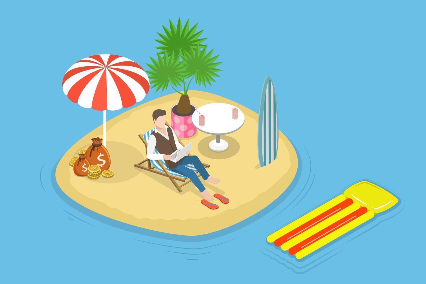 3D Isometric Flat Conceptual Illustration of Workcation, Work and Vacation at Remote Leisure Location vector