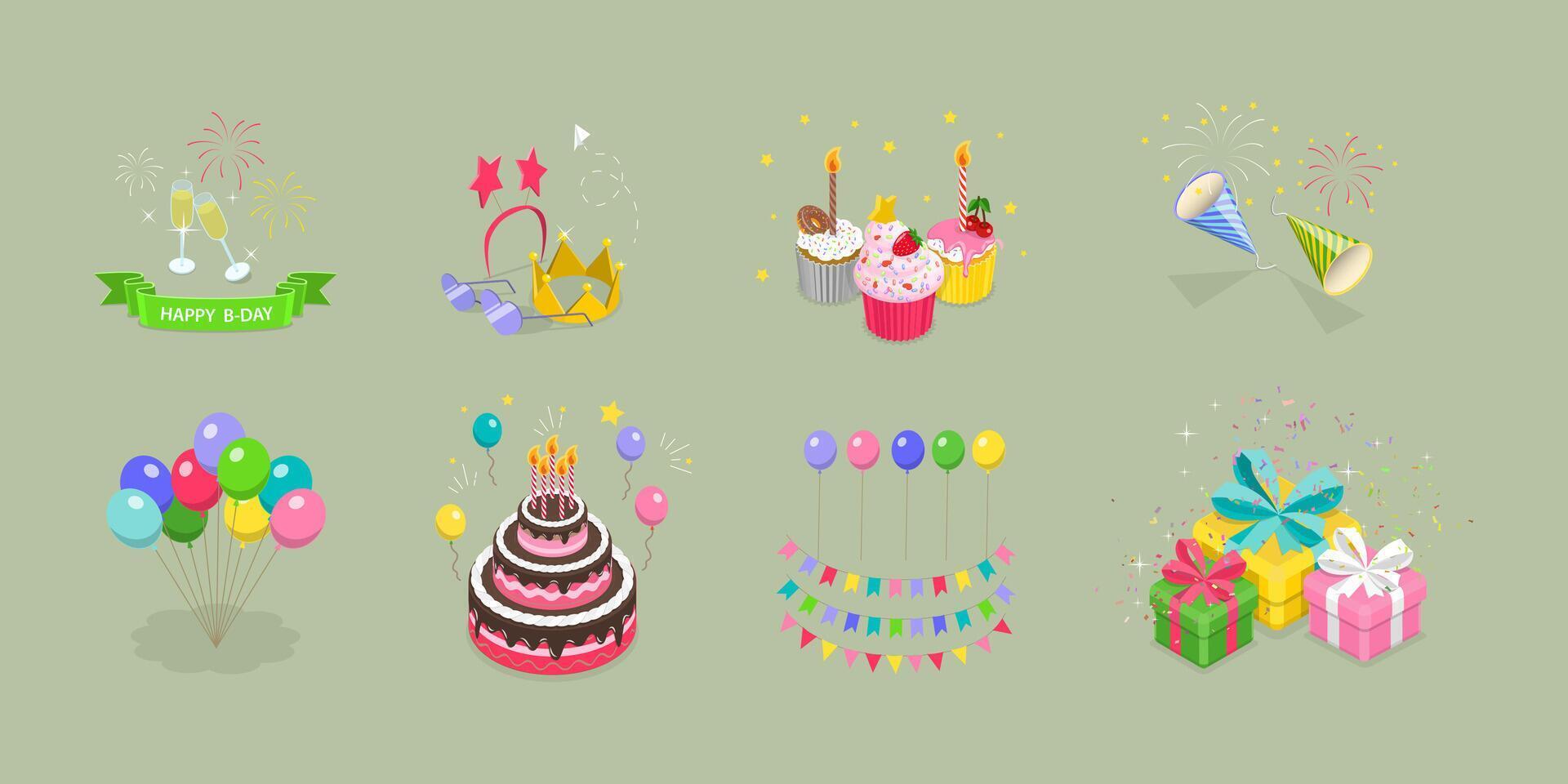 3D Isometric Flat Set of Party Items, Celebration Elements vector