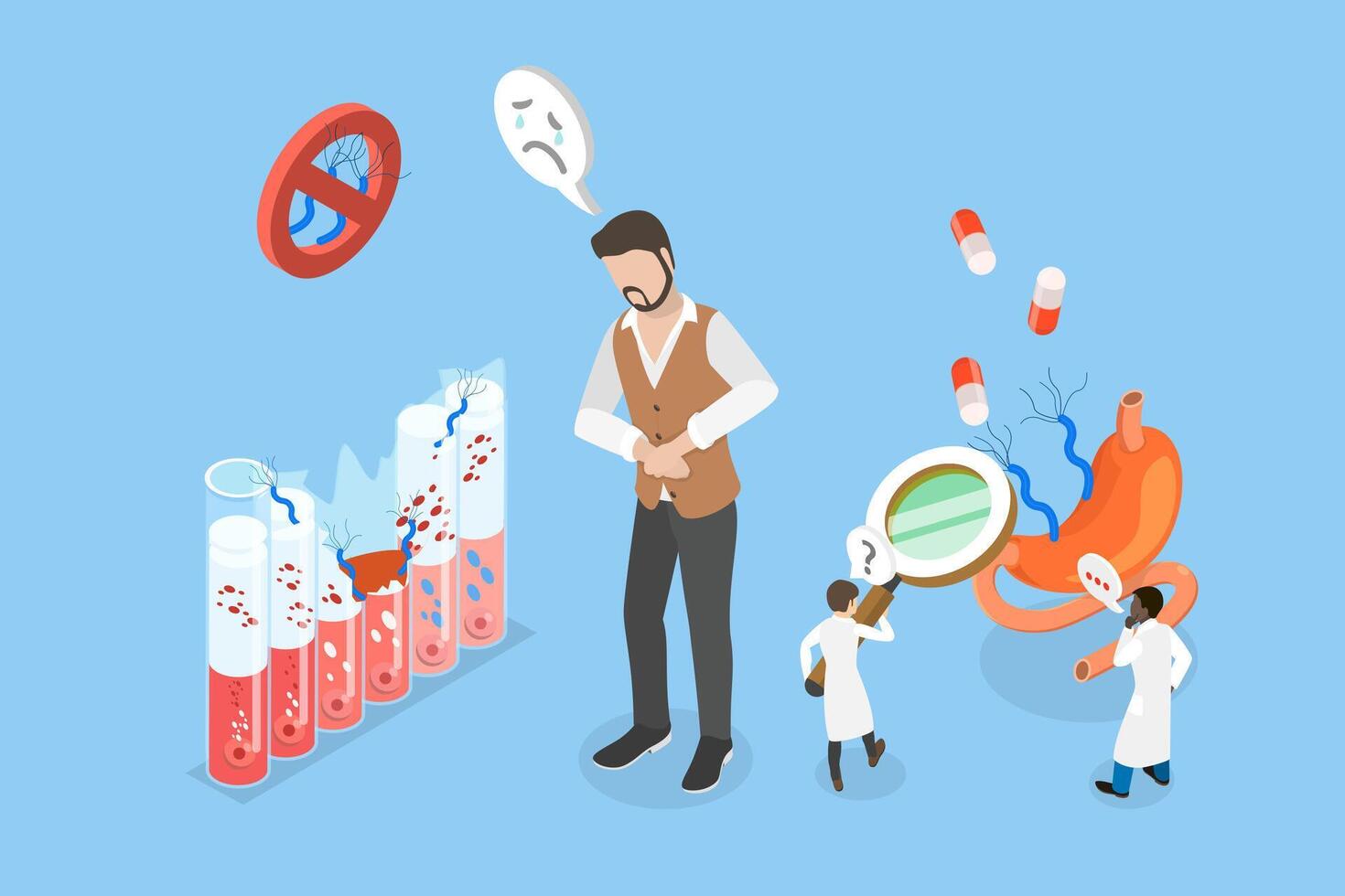 3D Isometric Flat Conceptual Illustration of Helicobacter Pylori Infection, Problems with Intestines or Digestion vector