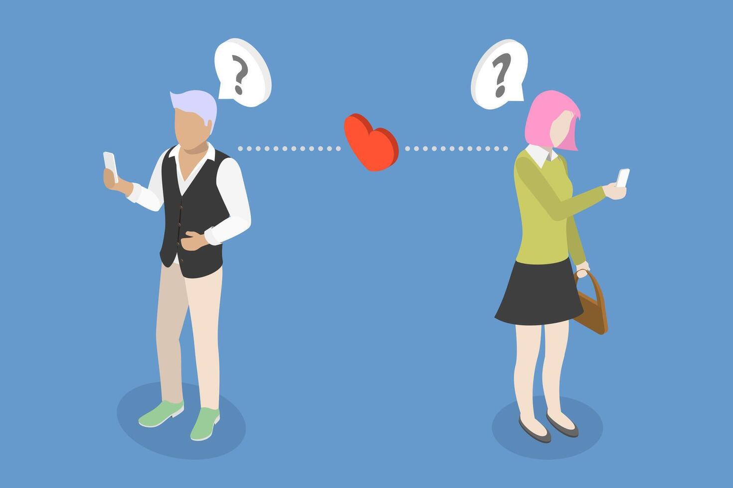 3D Isometric Flat Conceptual Illustration of Matching App, Maintaining Online Relationship vector