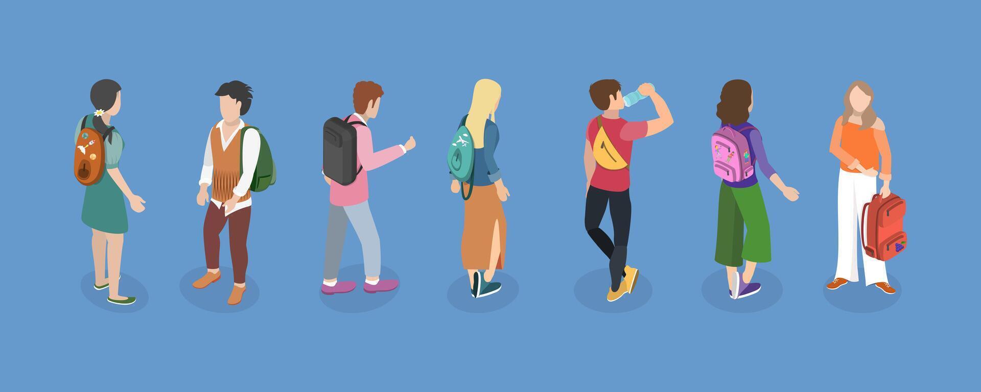 3D Isometric Flat Conceptual Illustration of People With Backpacks, Set of College Students vector