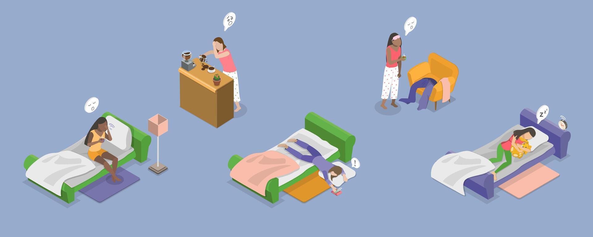 3D Isometric Flat Conceptual Illustration of Sleepy Early Morning, Lazy Monday vector